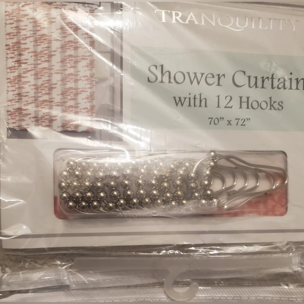 Shower Curtain With 12 Hooks  70x72 Silver Hooks White Orange Salmon Fish Print